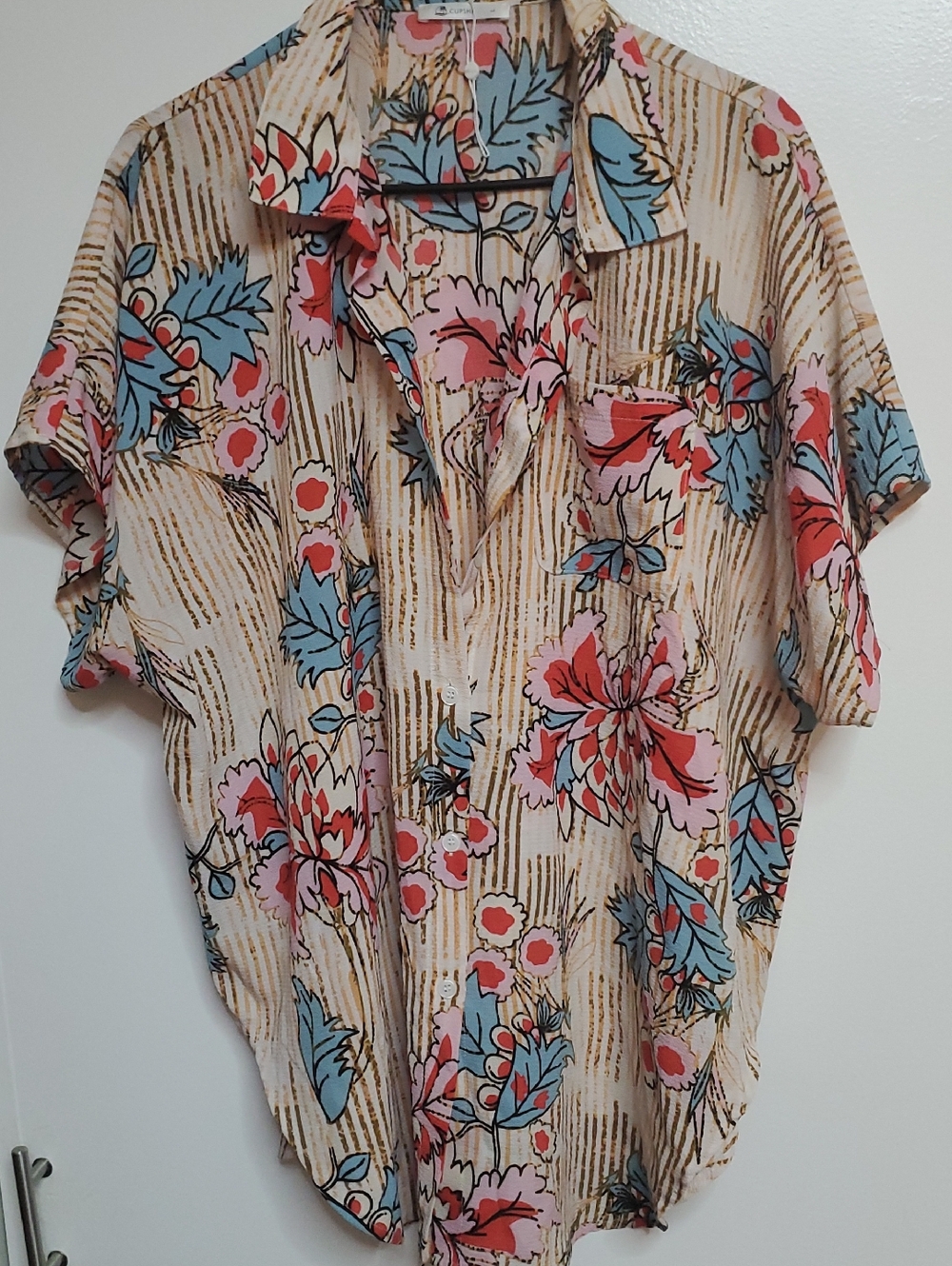 Cupshe Cream Shirt Or Beach Cover Up with Coral & Light Blue Floral Print